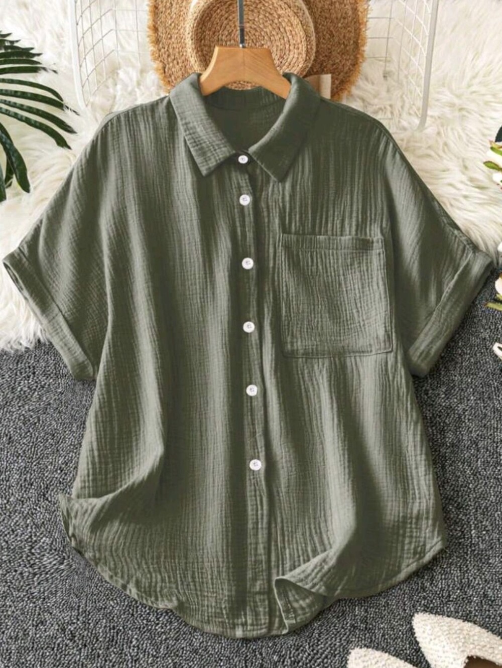 SHEIN Olive Green Button-Up Gauze Shirt